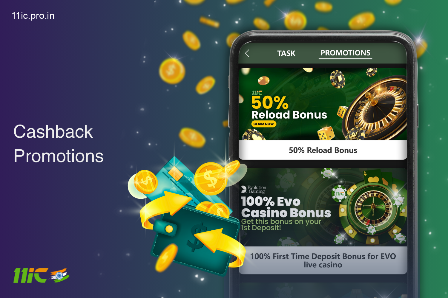 Get cashback on bets and payments - regular offers for 11ic Indian players